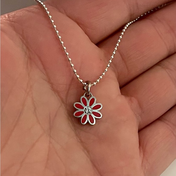 Coach Hot Pink Enamel Crystal Mini Daisy Pendant .925 Sterling Silver Necklace - Picture 3 of 7